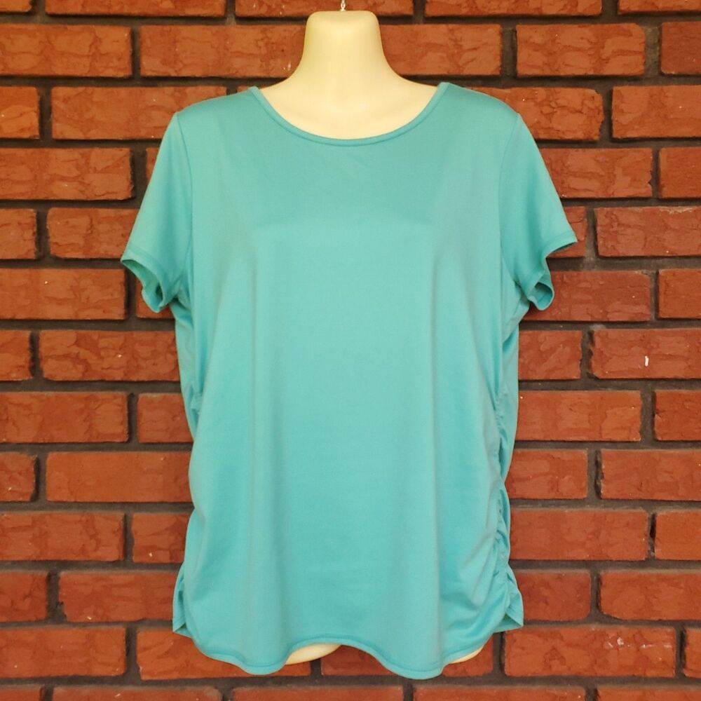 Lands End Sport Top Sz L 14-16 Teal Green Short Sleeve Tee Ruched Side Coastal